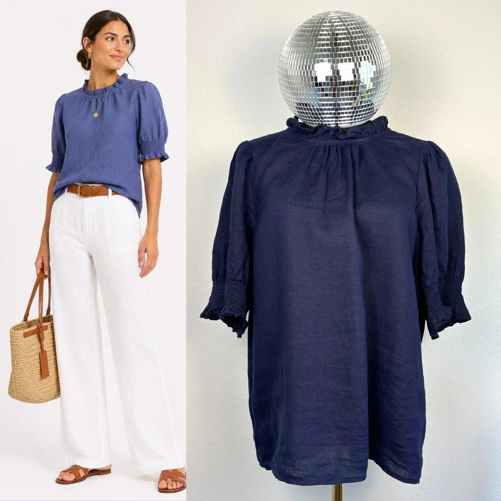 J.Crew 100% Linen Smocked Puff Sleeve Ruffle Top, Medium Navy Blue Preppy office